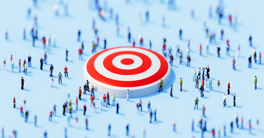 Human crowd surrounding red target object on blue background. Horizontal composition with copy space.