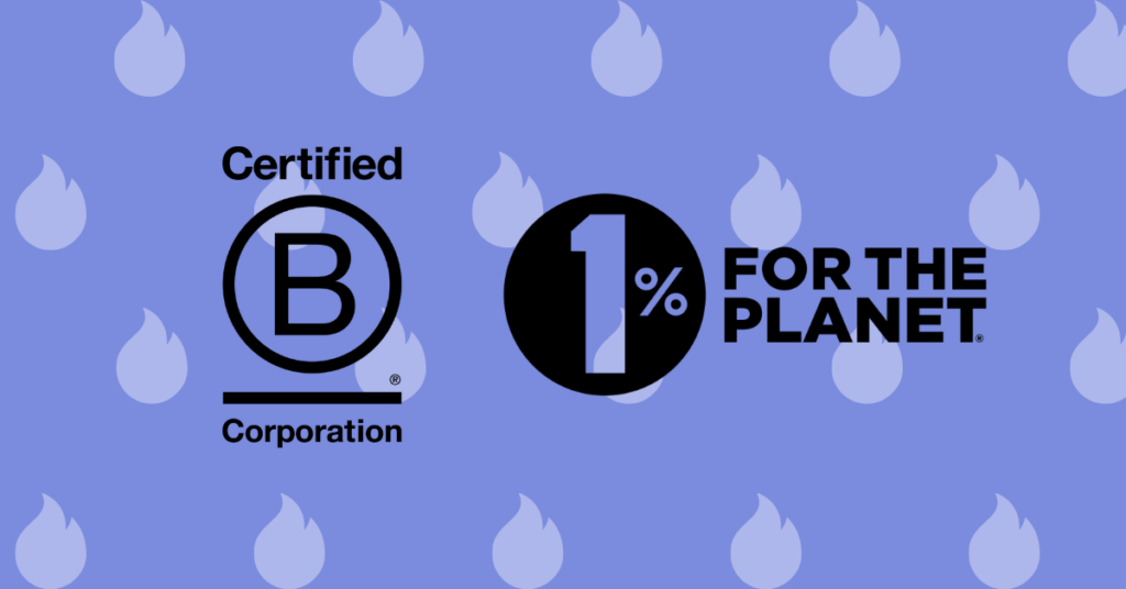 B Corp logo and 1% for the planet logo on a patterned background